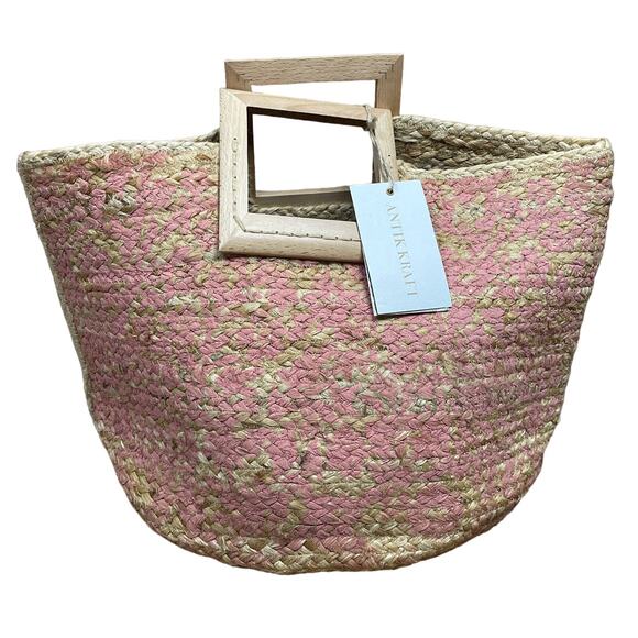 Antik Kraft Handbags - Antik Kraft Pallavi Jute Tote Bag Pink Floral Printed Straw Wooden Handles NWT